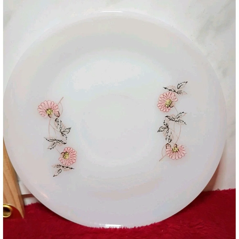 Fire-King Primrose Milk Glass Saucers Vintage Pink Floral Set of 2 Made in USA